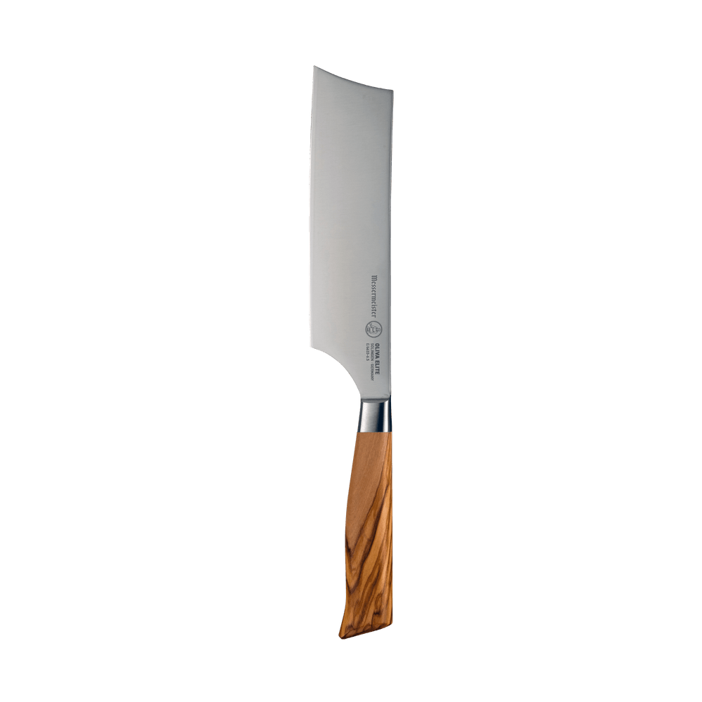 The Oliva Elite 6.5 inch Nakiri knife with olive wood handle and stainless steel blade