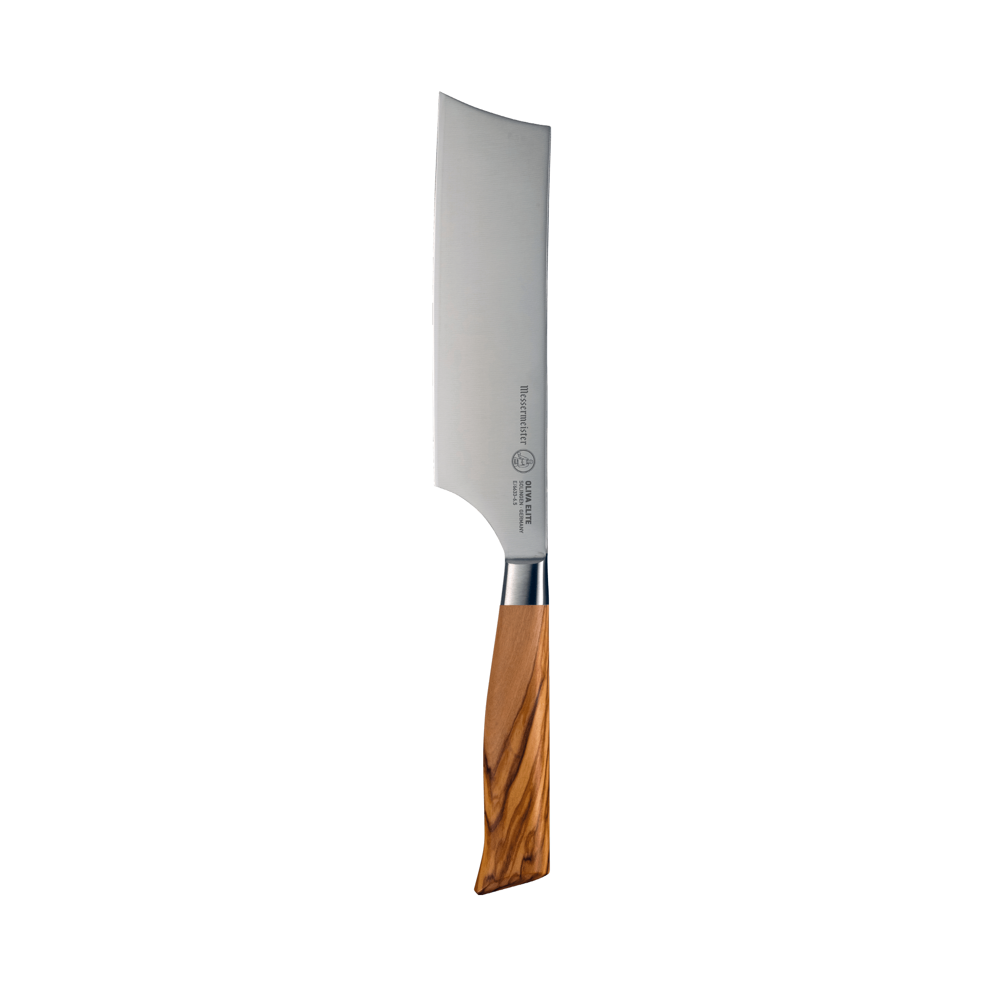 The Oliva Elite 6.5 inch Nakiri knife with olive wood handle and stainless steel blade