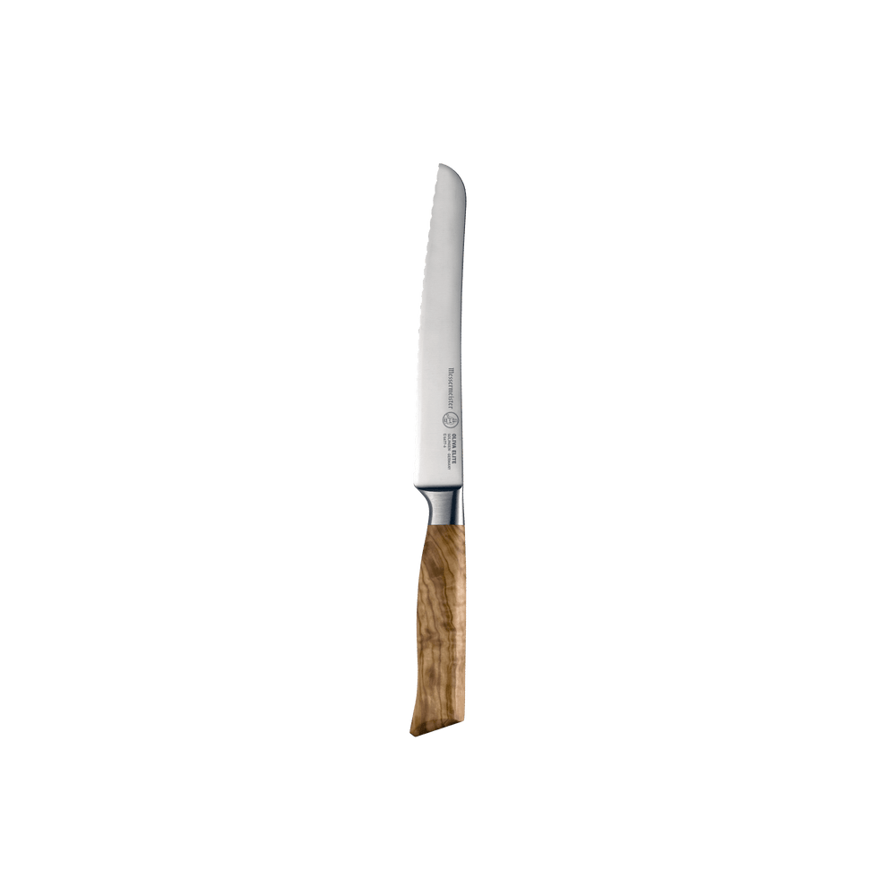 The Oliva Elite 6 inch Reverse Scallop Utility Knife with olive wood handle and a silver stainless steel blade