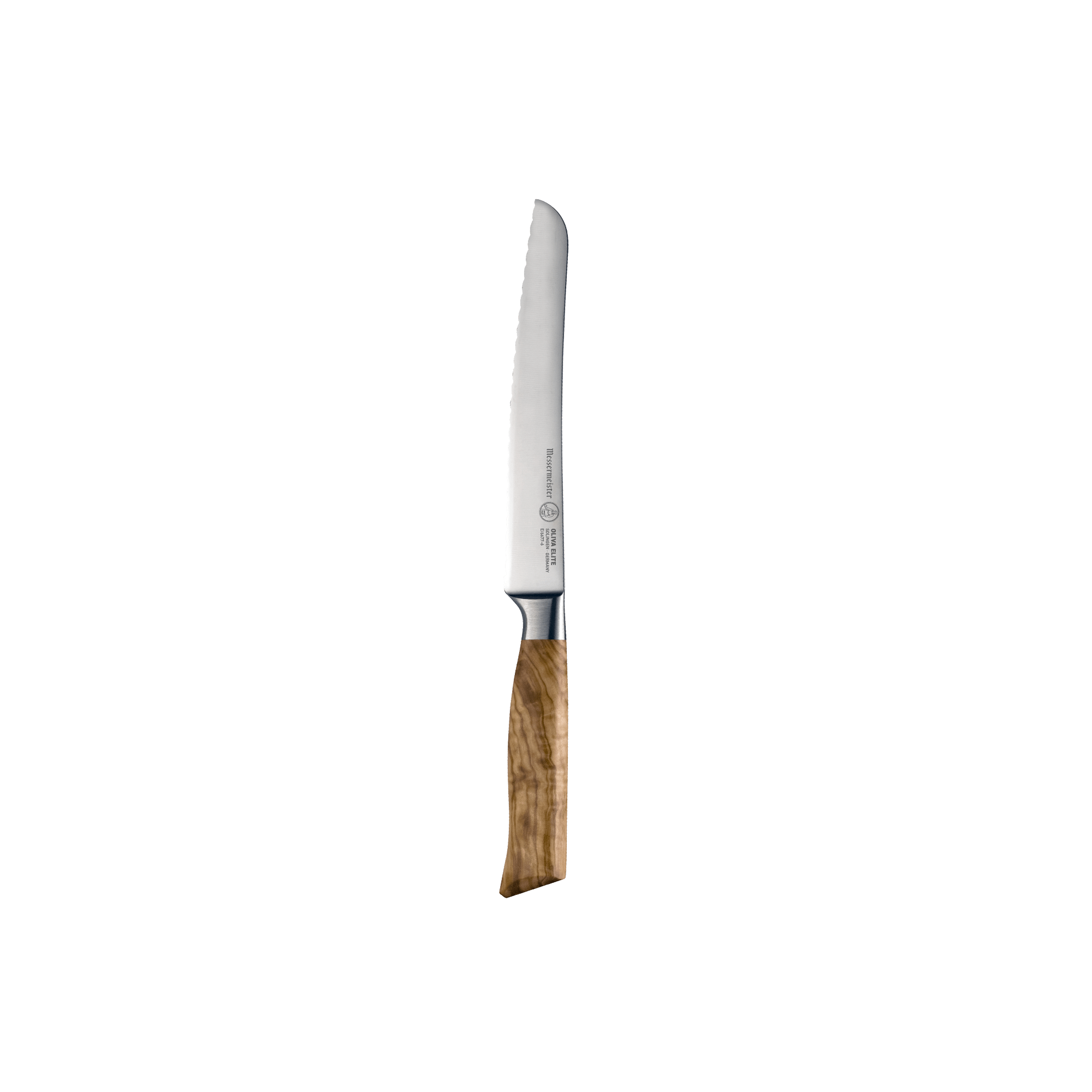 The Oliva Elite 6 inch Reverse Scallop Utility Knife with olive wood handle and a silver stainless steel blade