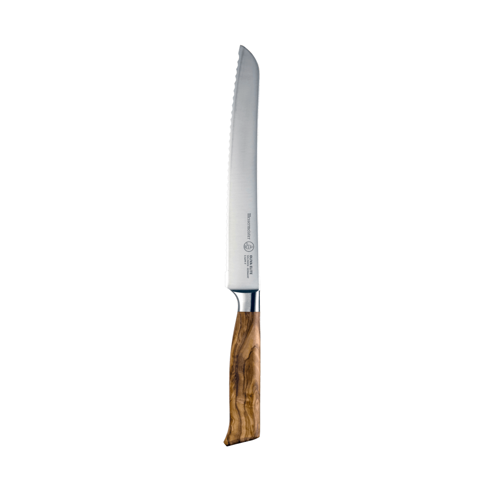 The Oliva Elite 9 inch serrated bread knife with silver stainless steel blade and olive wood handle