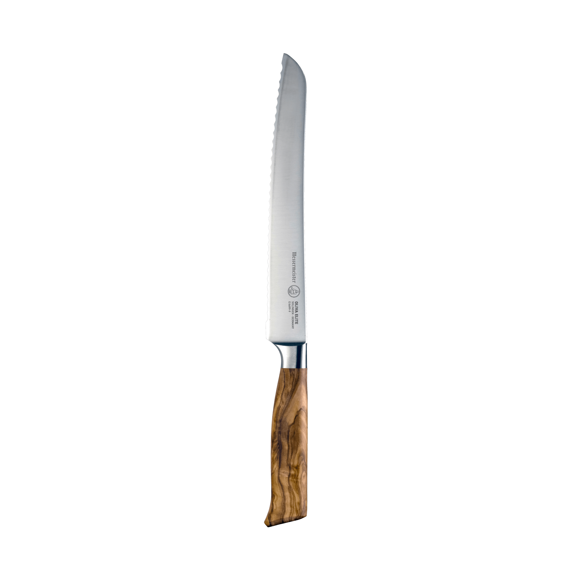 The Oliva Elite 9 inch serrated bread knife with silver stainless steel blade and olive wood handle