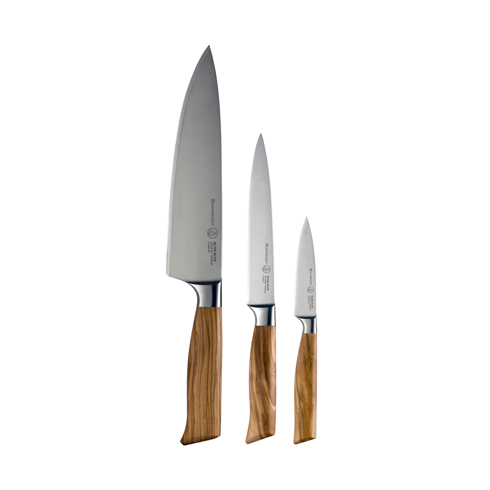 The Oliva Elite 3 Piece Starter set with the 8 inch Chef's Knife, 6 inch Utility Knife, and 3.5 inch Paring Knife all with steel blades and olive wood handles. 
