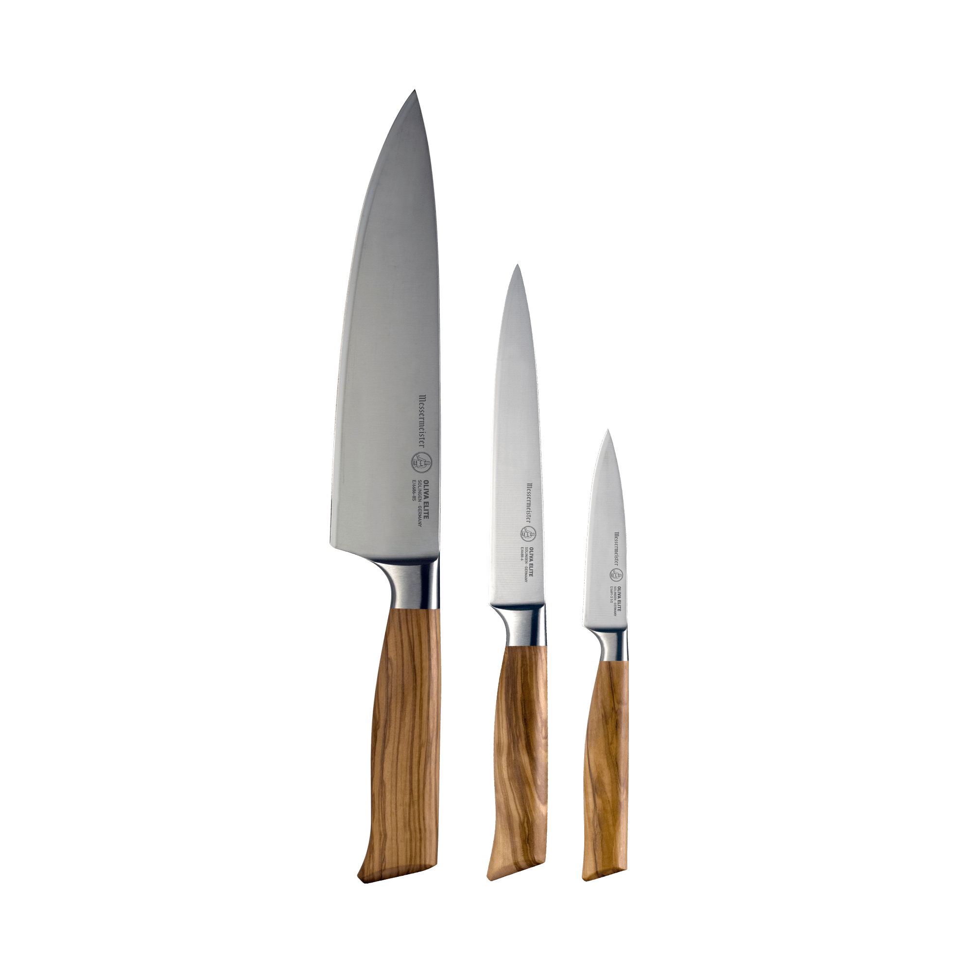 The Oliva Elite 3 Piece Starter set with the 8 inch Chef's Knife, 6 inch Utility Knife, and 3.5 inch Paring Knife all with steel blades and olive wood handles. 