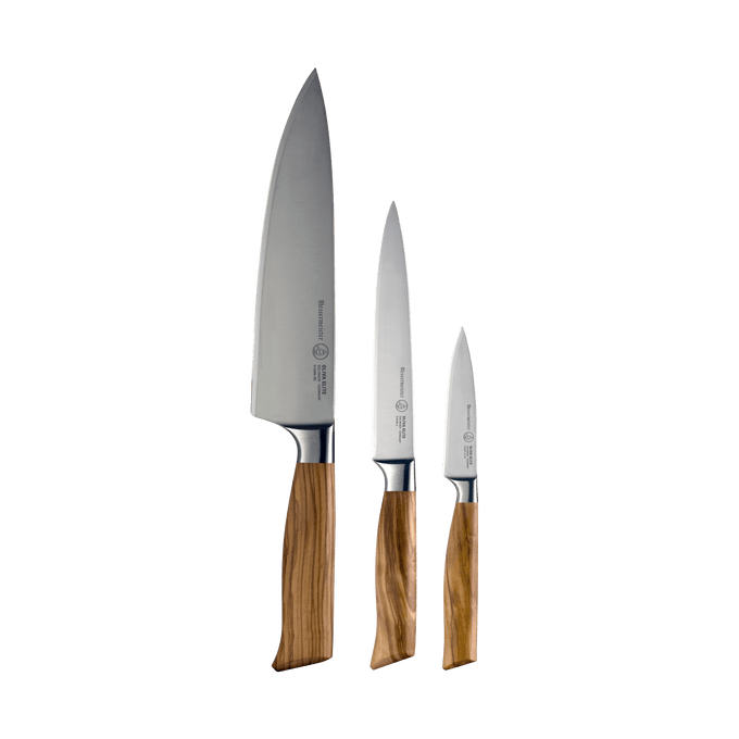 The Oliva Elite 3 Piece Starter set with the 8 inch Chef's Knife, 6 inch Utility Knife, and 3.5 inch Paring Knife all with steel blades and olive wood handles. 