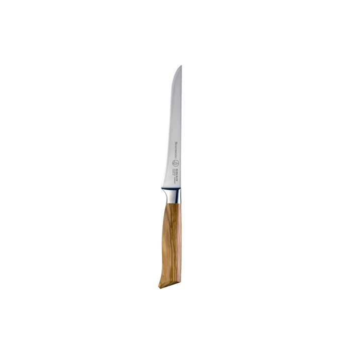 The Oliva Elite 6 inch stiff boning knife with silver stainless steel blade and olive wood handle