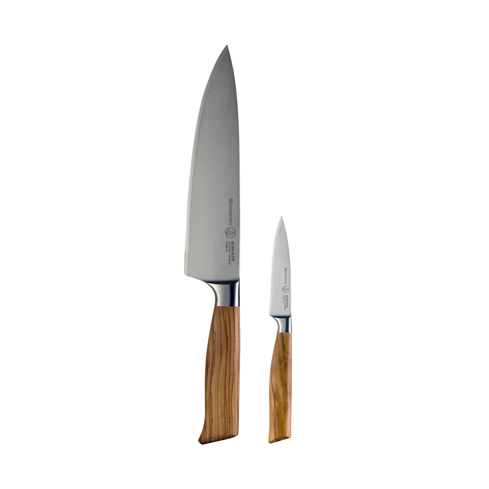 The Oliva Elite Chef and Parer set with the 8 inch Chef's Knife and the 3.5 inch Paring Knife both with steel blades and olive wood handles. 