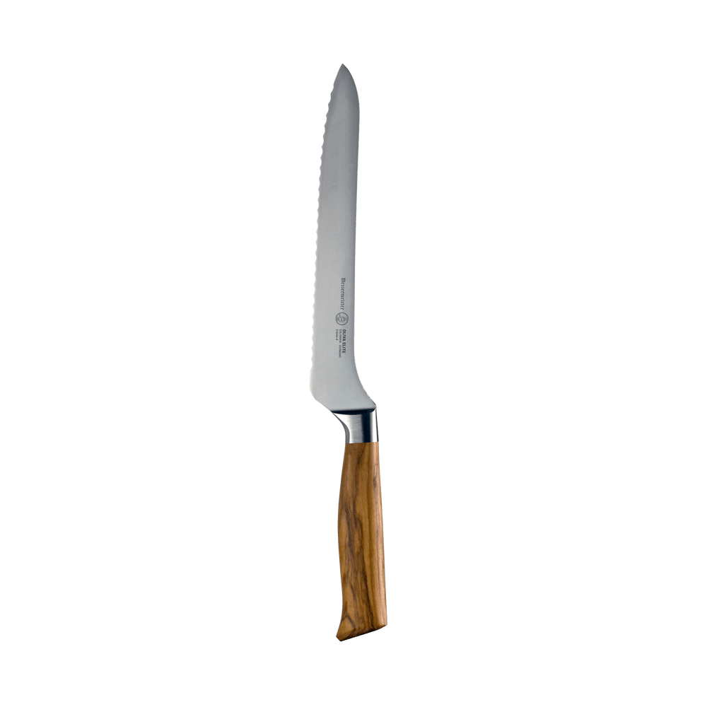 The 8 inch Oliva Elite Offset Scalloped Bread Knife with a stainless steel blade and olive wood handle