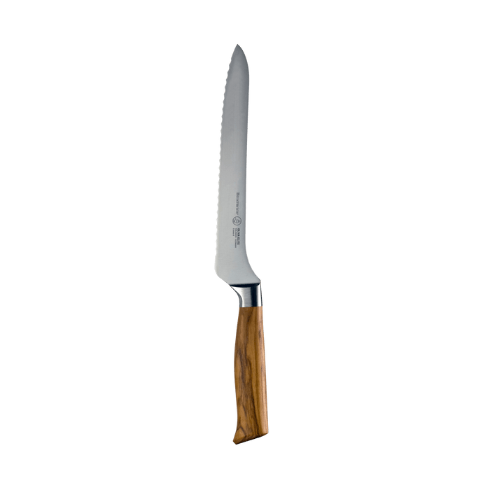 The 8 inch Oliva Elite Offset Scalloped Bread Knife with a stainless steel blade and olive wood handle