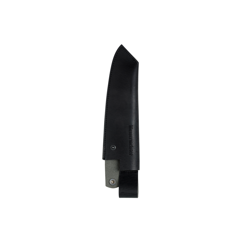 Leather Belt Sheath for Overland Camp Knife on a plain background