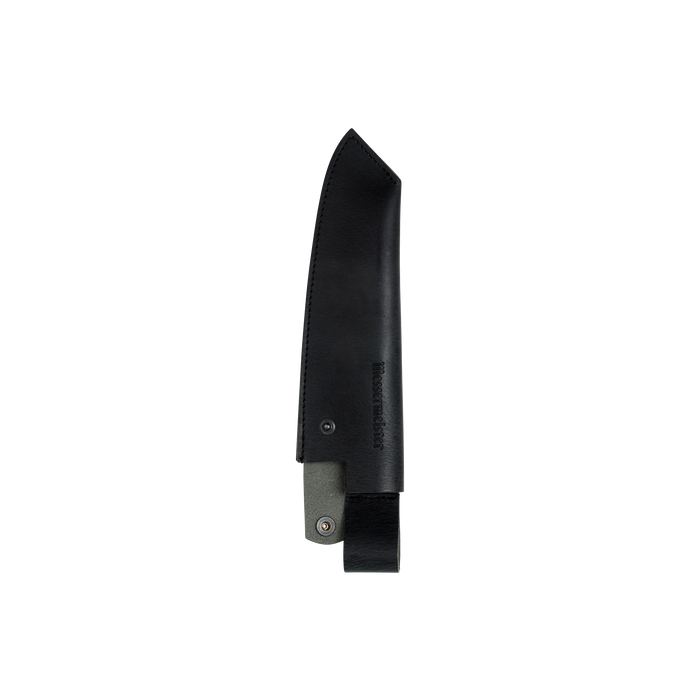 Leather Belt Sheath for Overland Camp Knife on a plain background