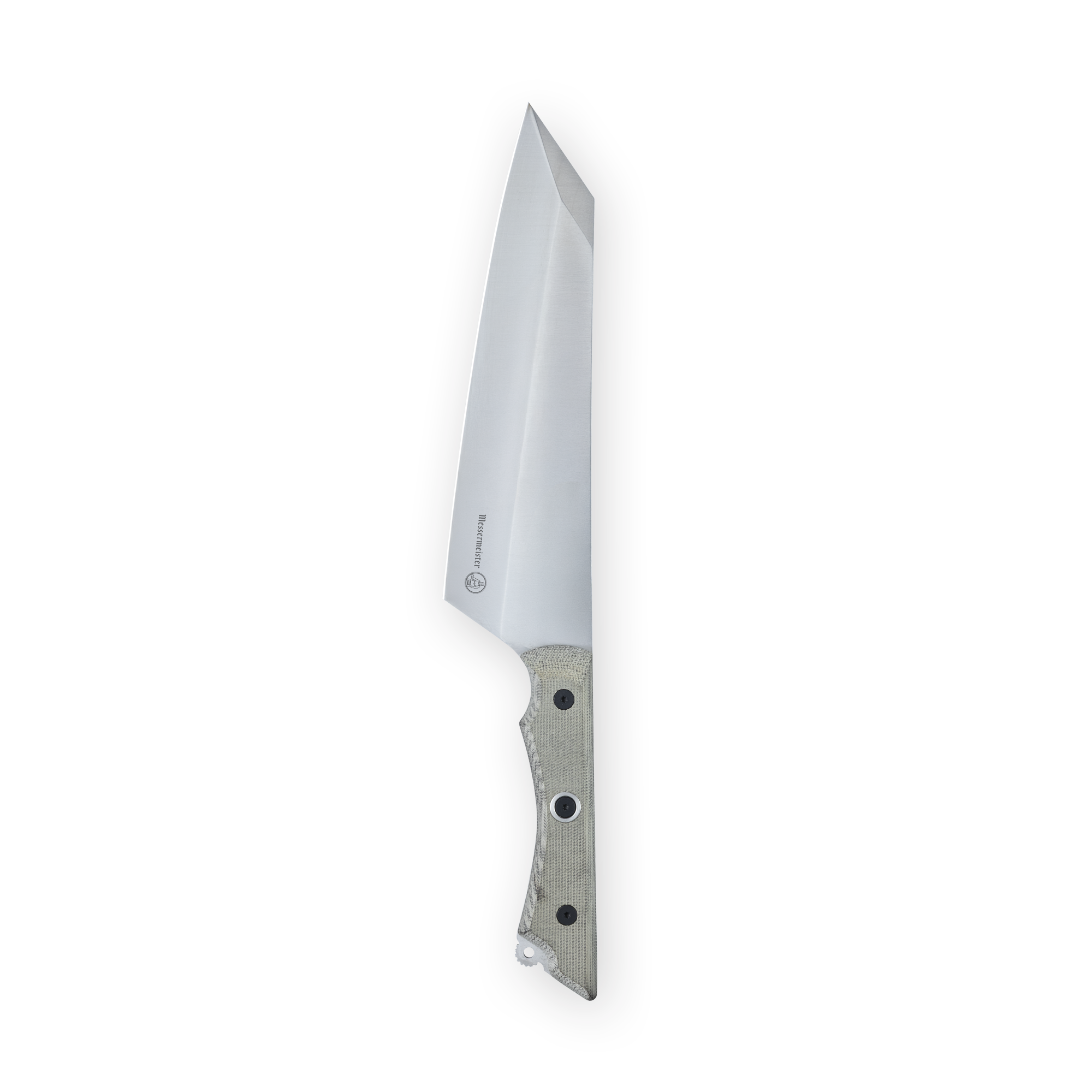 Overland series 8 inch chef’s knife with a broad stainless steel blade and angled tip, paired with a textured light colored handle and visible rivets, displayed upright on a plain background