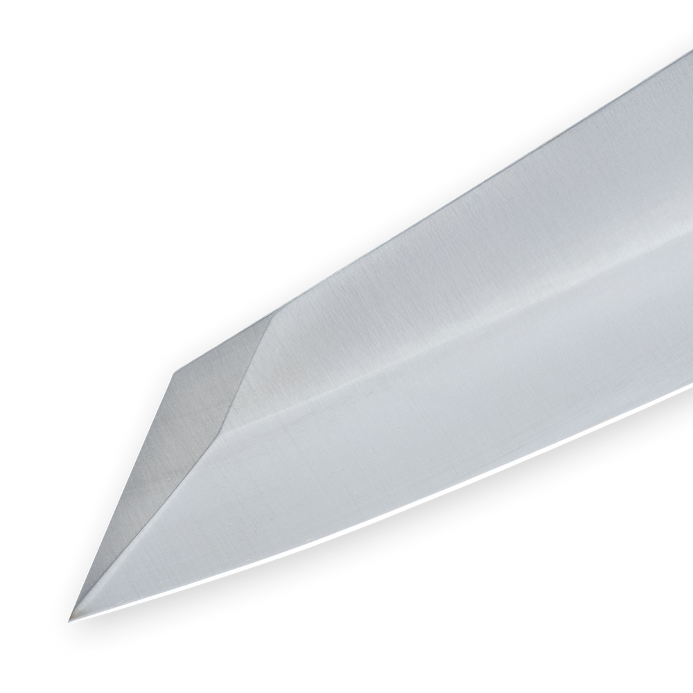 Angled close up of a stainless steel blade showing a sharply defined tip and straight cutting edge of the 8 inch chef’s knife