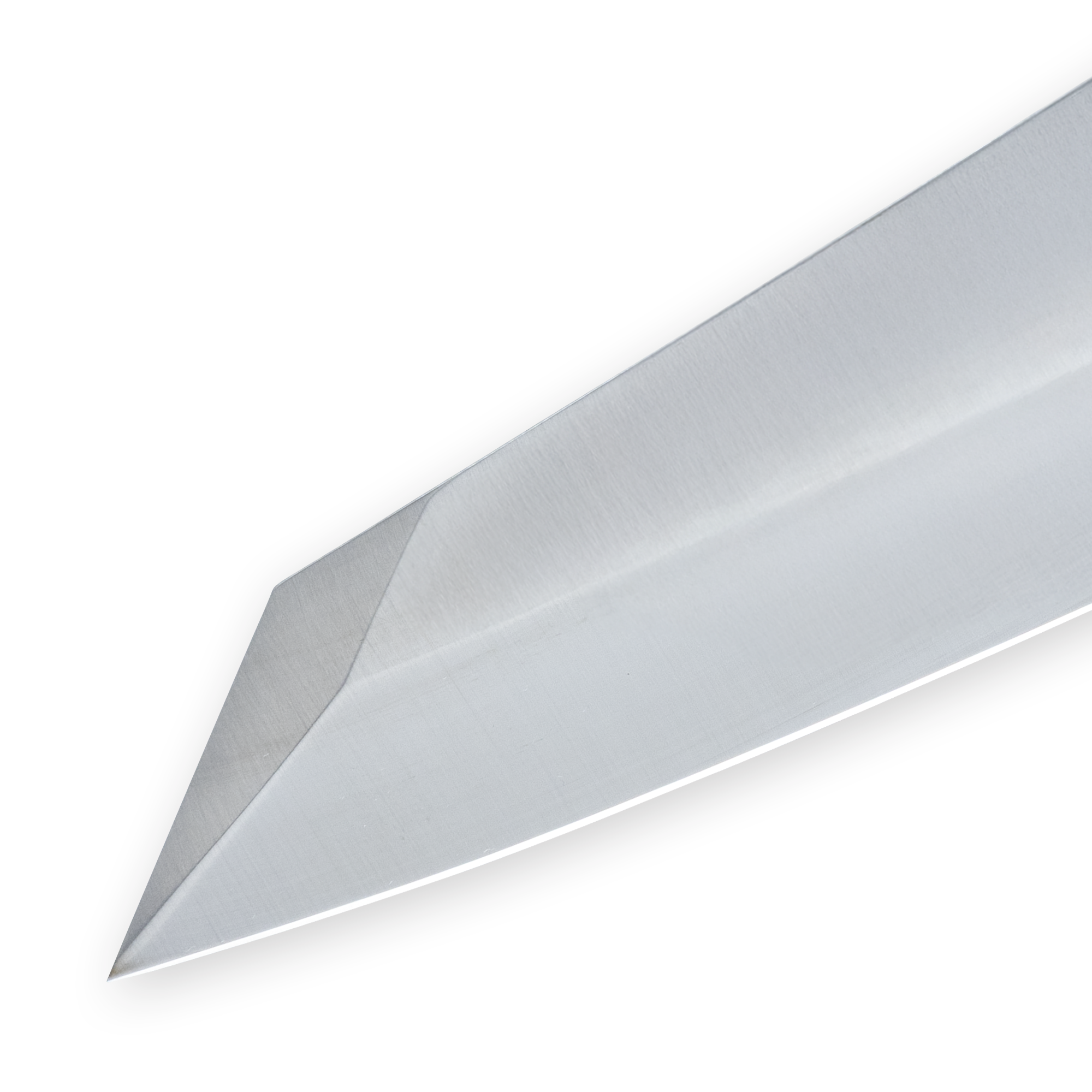 Angled close up of a stainless steel blade showing a sharply defined tip and straight cutting edge of the 8 inch chef’s knife