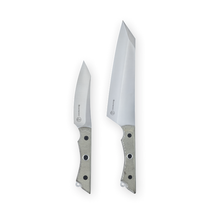 Overland 8 inch Chefs knife and 4.5 inch utility knife on a plain background