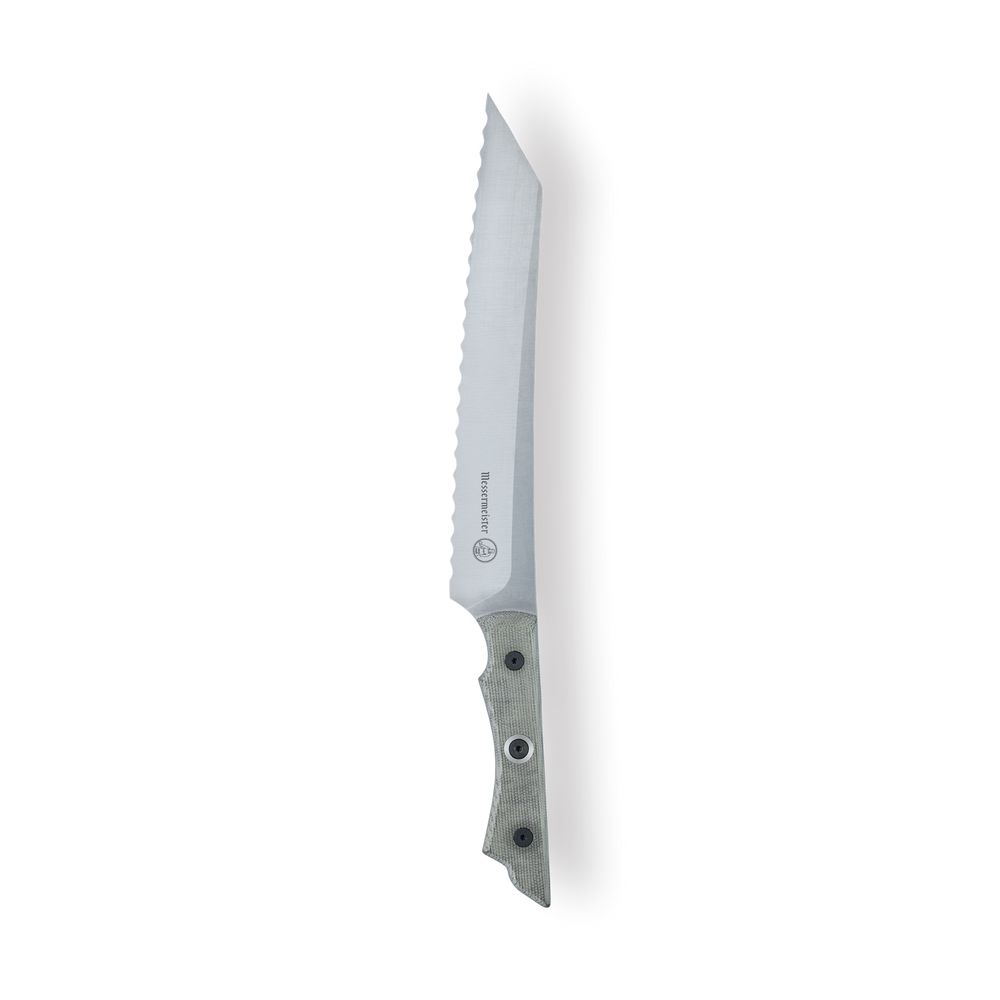 Overland serrated bread knife with linen micarta handle and black rivets