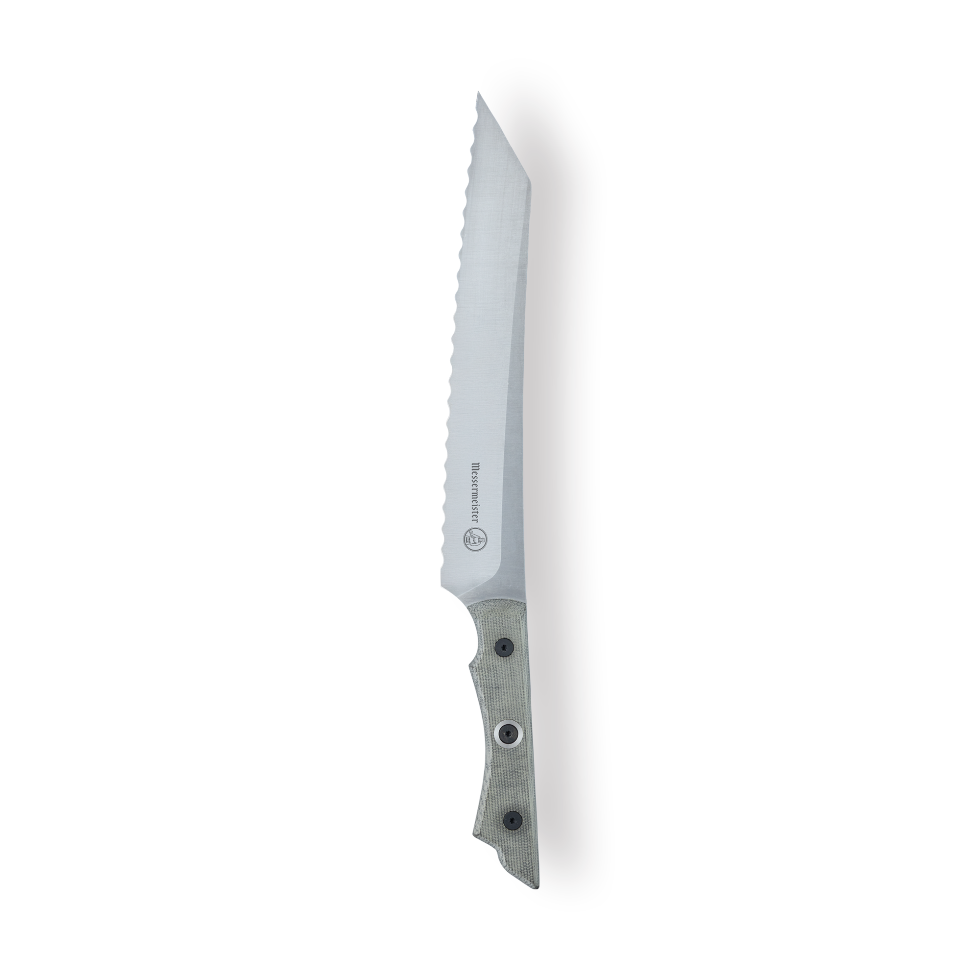 Overland serrated bread knife with linen micarta handle and black rivets