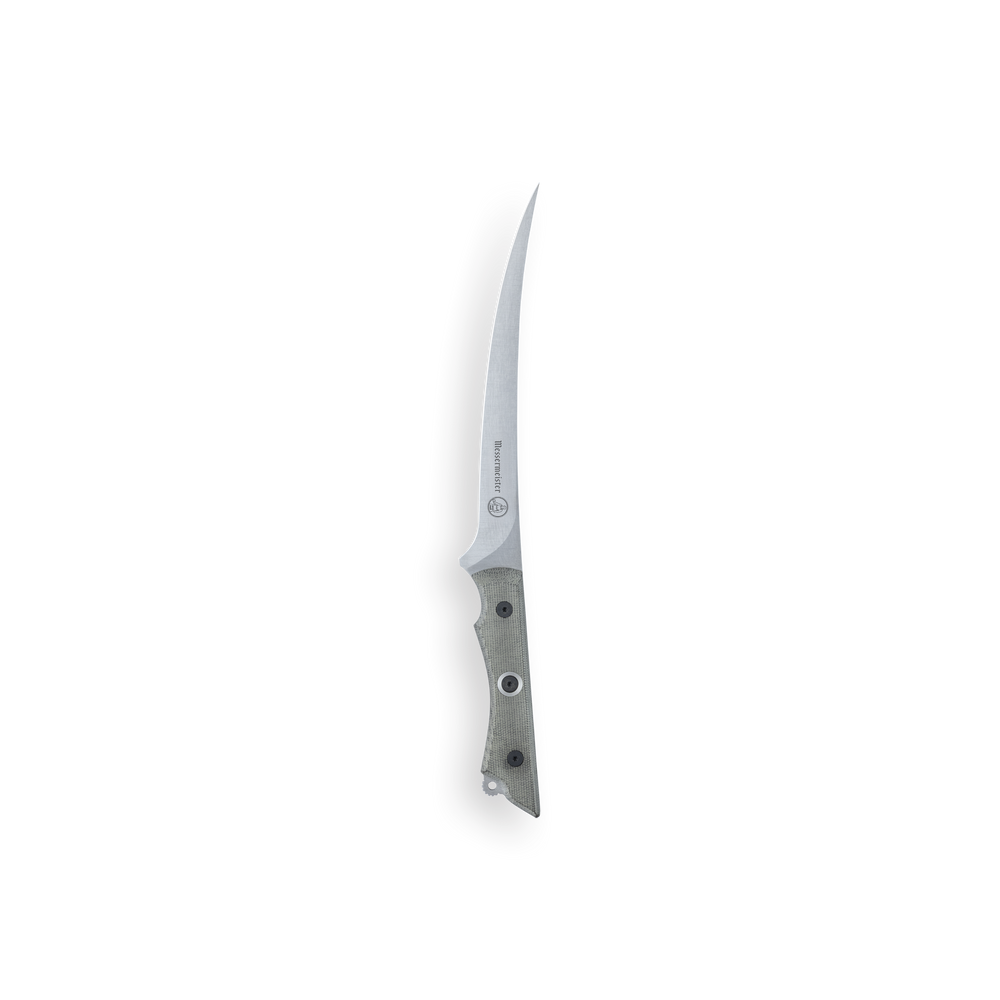 Overland series fillet knife with linen micarta handle and black rivets