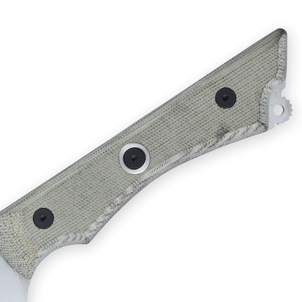 Angled close-up of a textured light colored handle with three rivets, visible weave pattern, and contoured shape for grip