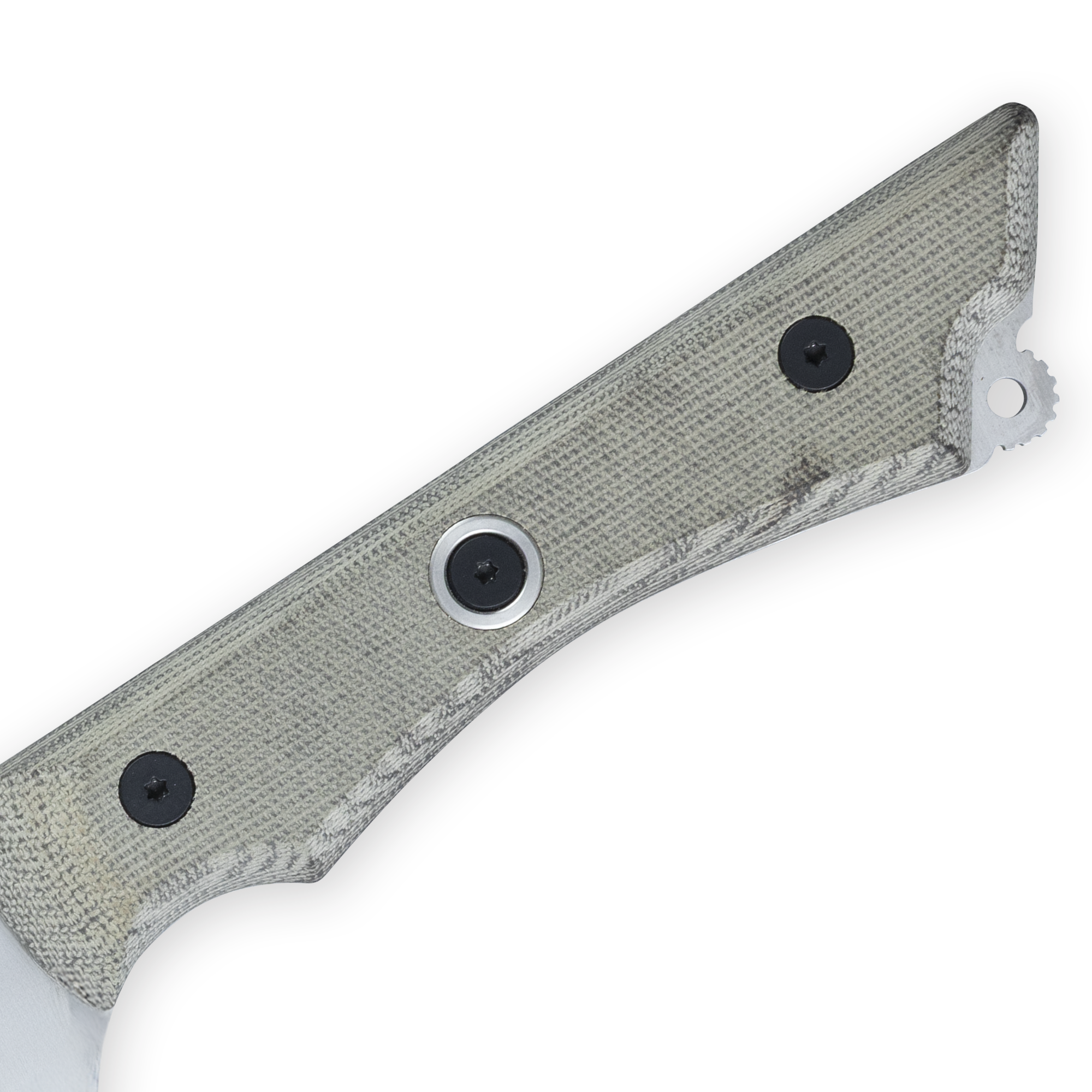Angled close-up of a textured light colored handle with three rivets, visible weave pattern, and contoured shape for grip
