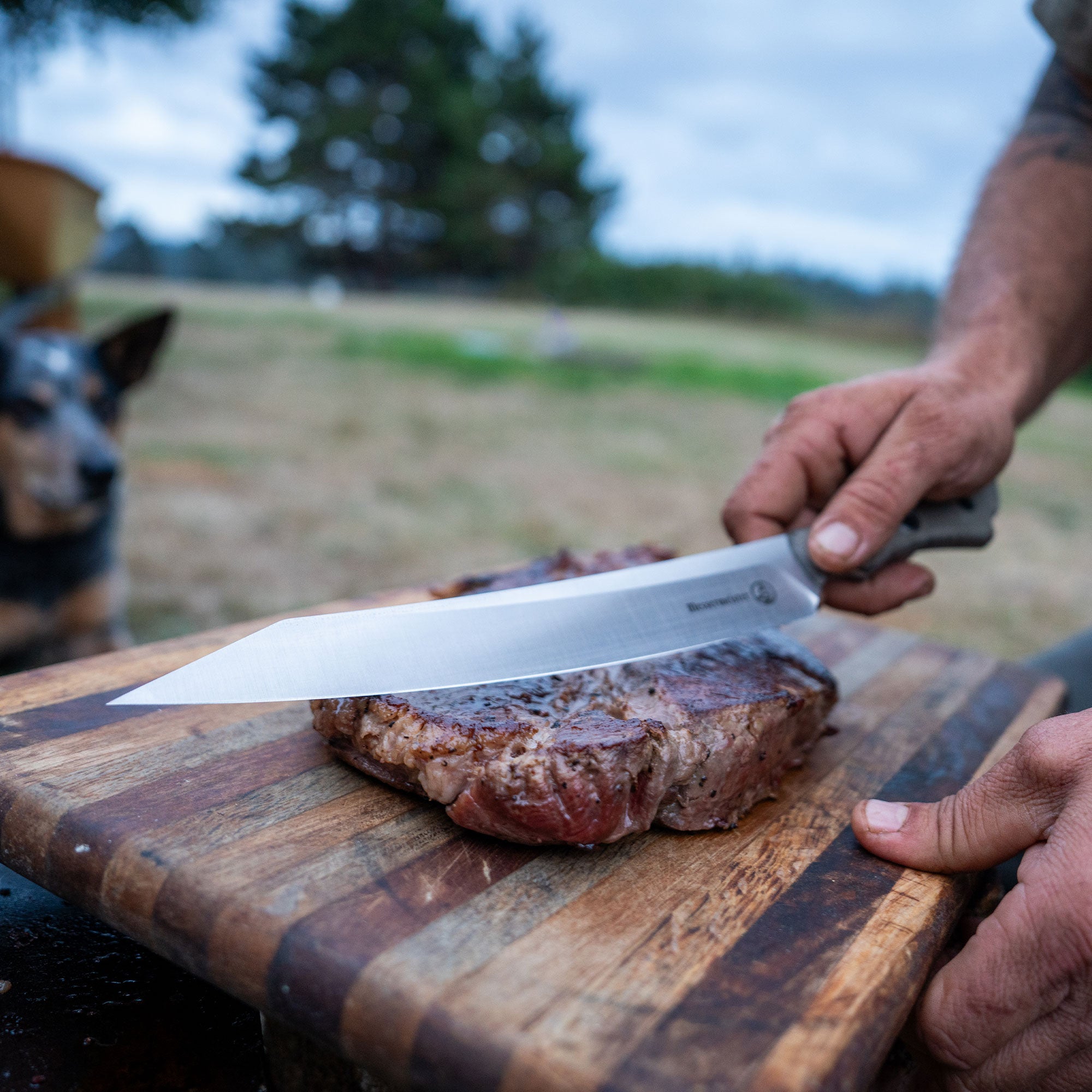 close up photo of a person using the overland slicer cutting a steak on a wooden cutting board outside