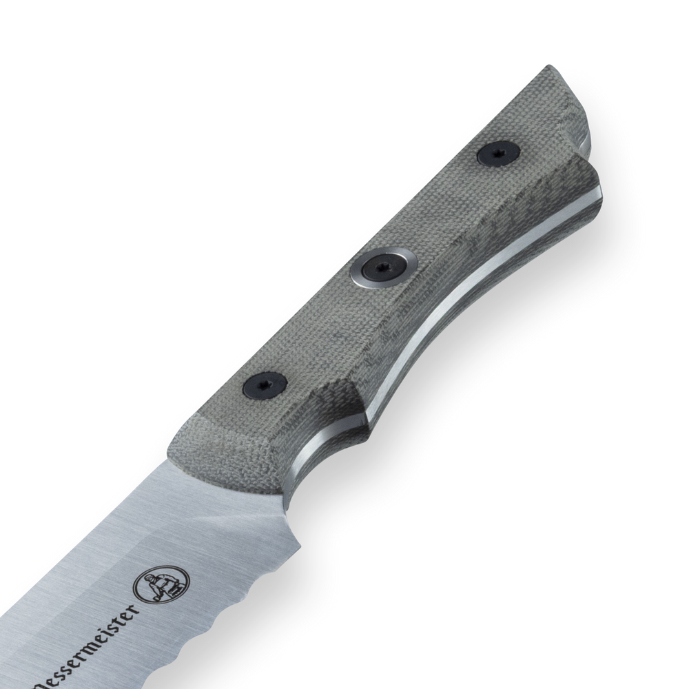 Angled closeup of a textured light-colored knife handle with three rivets and contoured grip, connected to a stainless steel blade with a scalloped edge