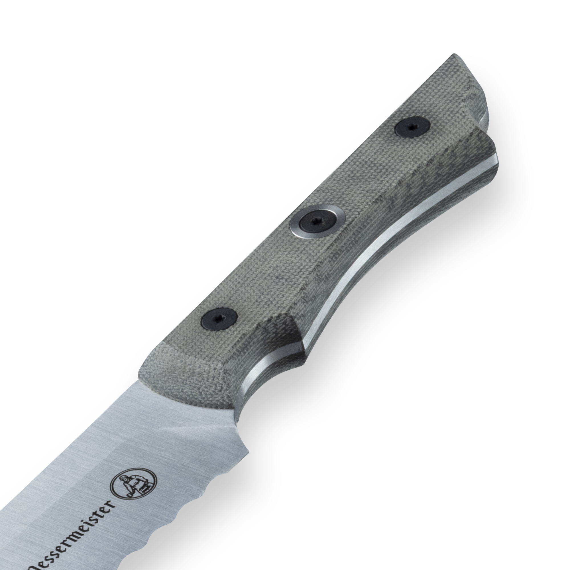 Angled closeup of a textured light-colored knife handle with three rivets and contoured grip, connected to a stainless steel blade with a scalloped edge