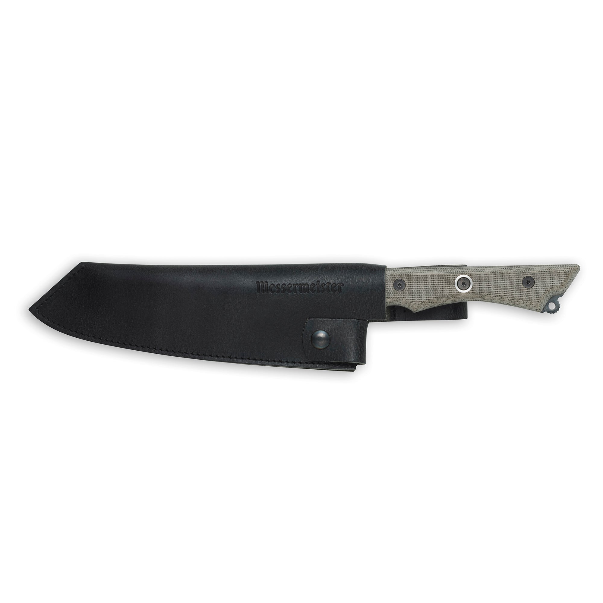 Leather Belt Sheath on Messermeister Overland Camp Knife on white background