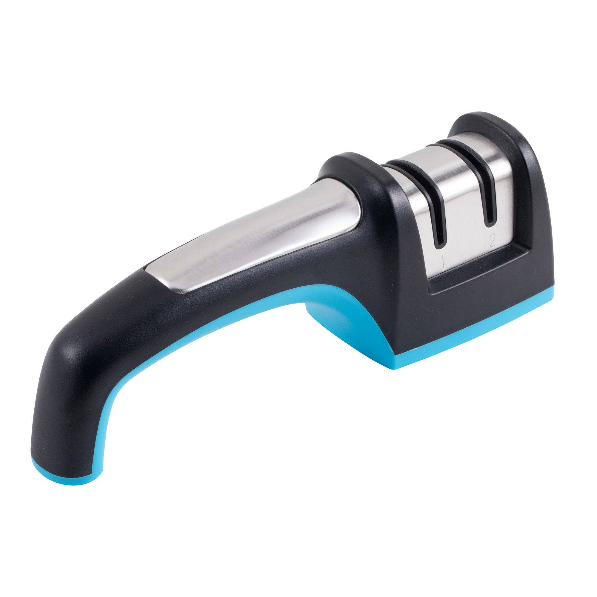 Messermeister Pull Through Knife Sharpener. A handheld knife sharpener with an ergonomic handle. The handle is black with a light blue underside and curves downward for grip. At the top are two metal sharpening slots set into a rectangular base, designed for different sharpening stages. The sharpening slots are on the right, and the handle is pointing to the bottom left.