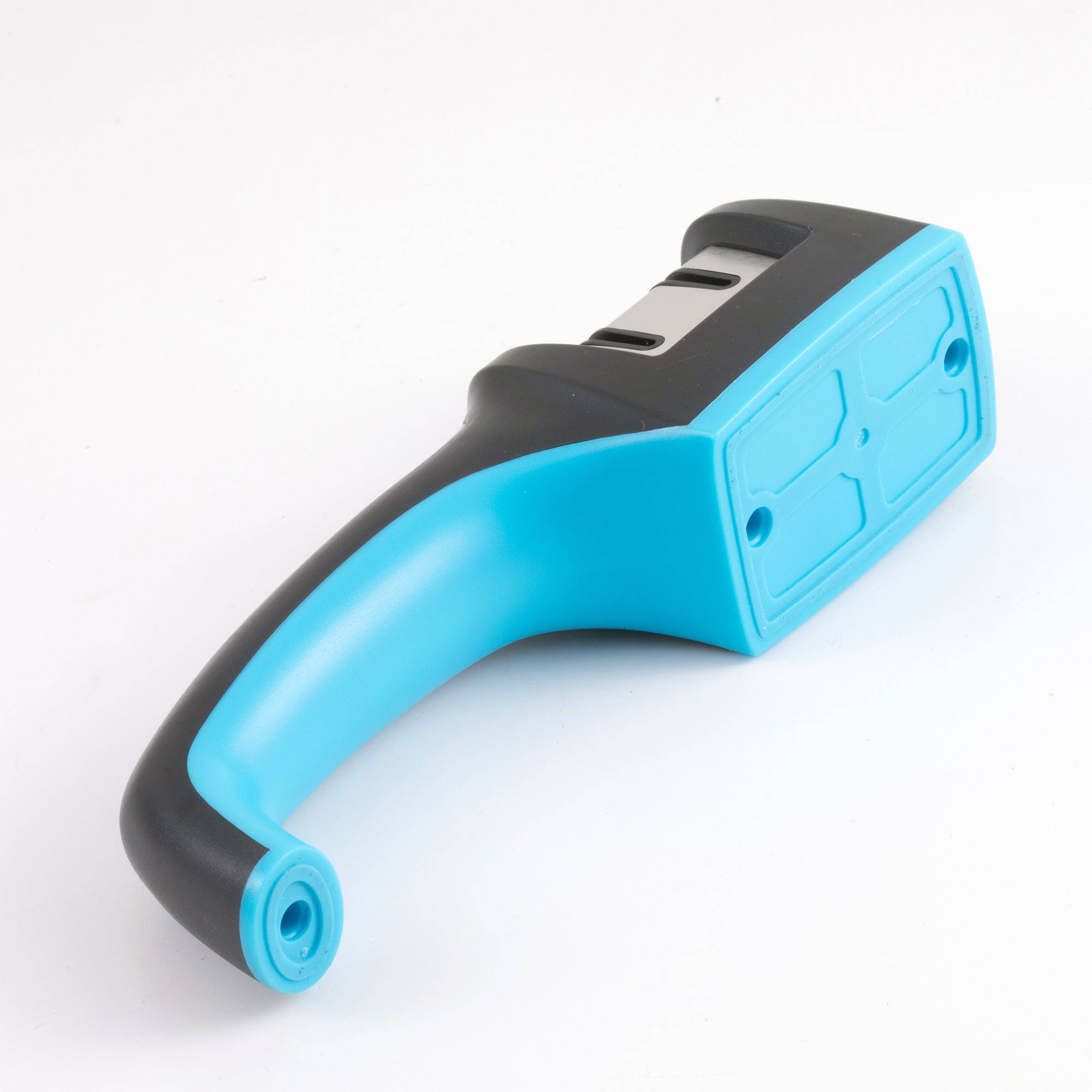 Messermeister Pull Through Sharpener resting on its side showing the bottom blue layer.