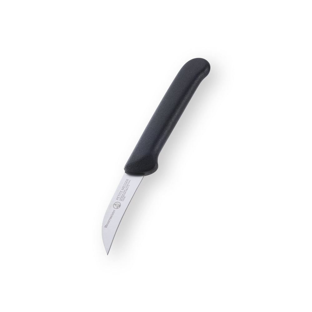 Angled down view of Messermeister Petite Messer black handled 2.5 inch bird’s beak paring knife with sheath emphasizing curved precision blade