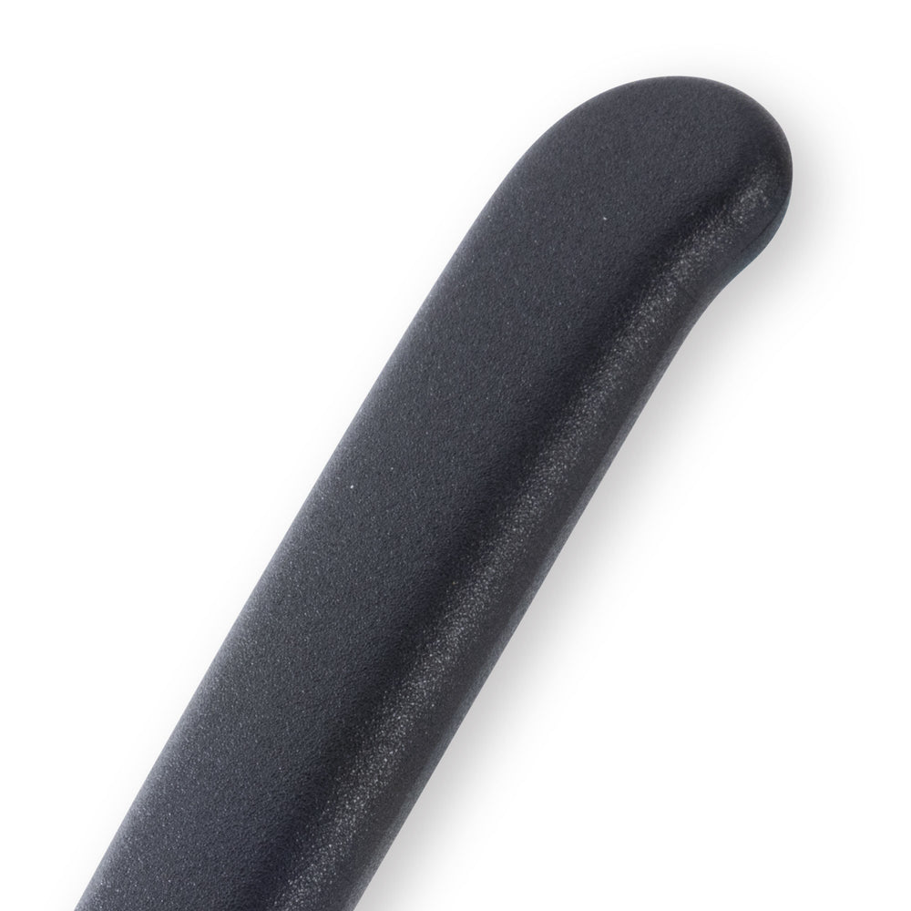 Close up of Messermeister Petite Messer black handled 2.5 inch bird’s beak paring knife handle emphasizing textured grip