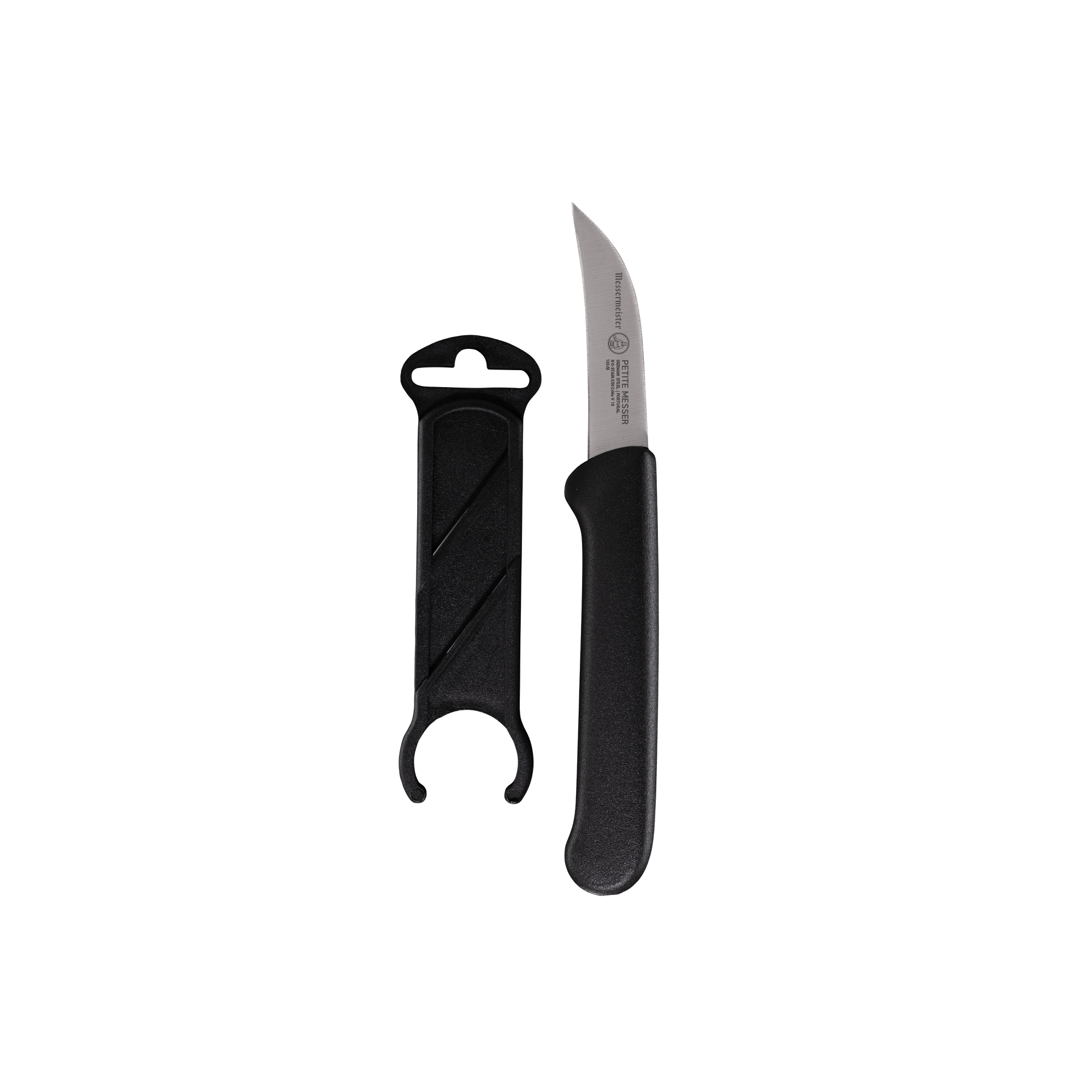 2.5 inch Messermeister Petite Messer black bird’s beak paring knife with sheath for detailed peeling and garnish work