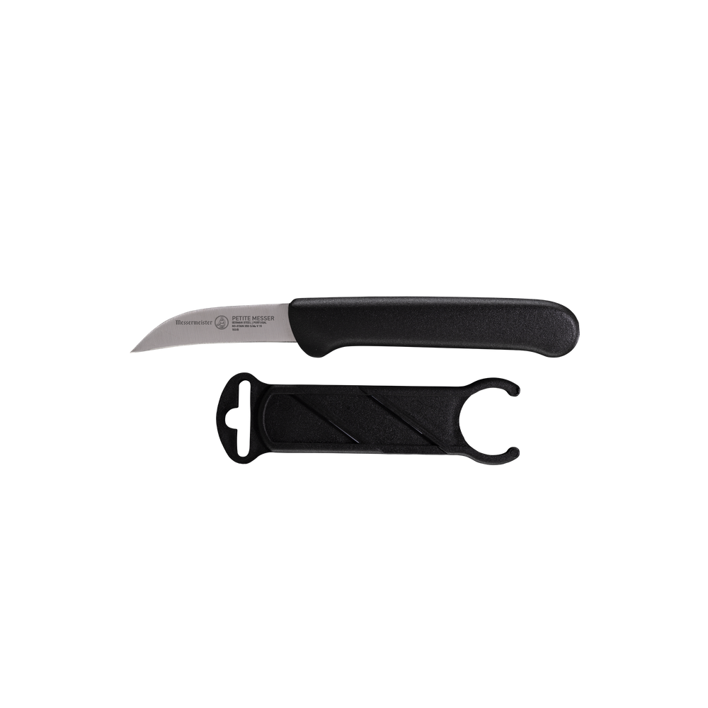 Side profile of Messermeister Petite Messer black 2.5 inch bird’s beak parer showing curved blade with sheath