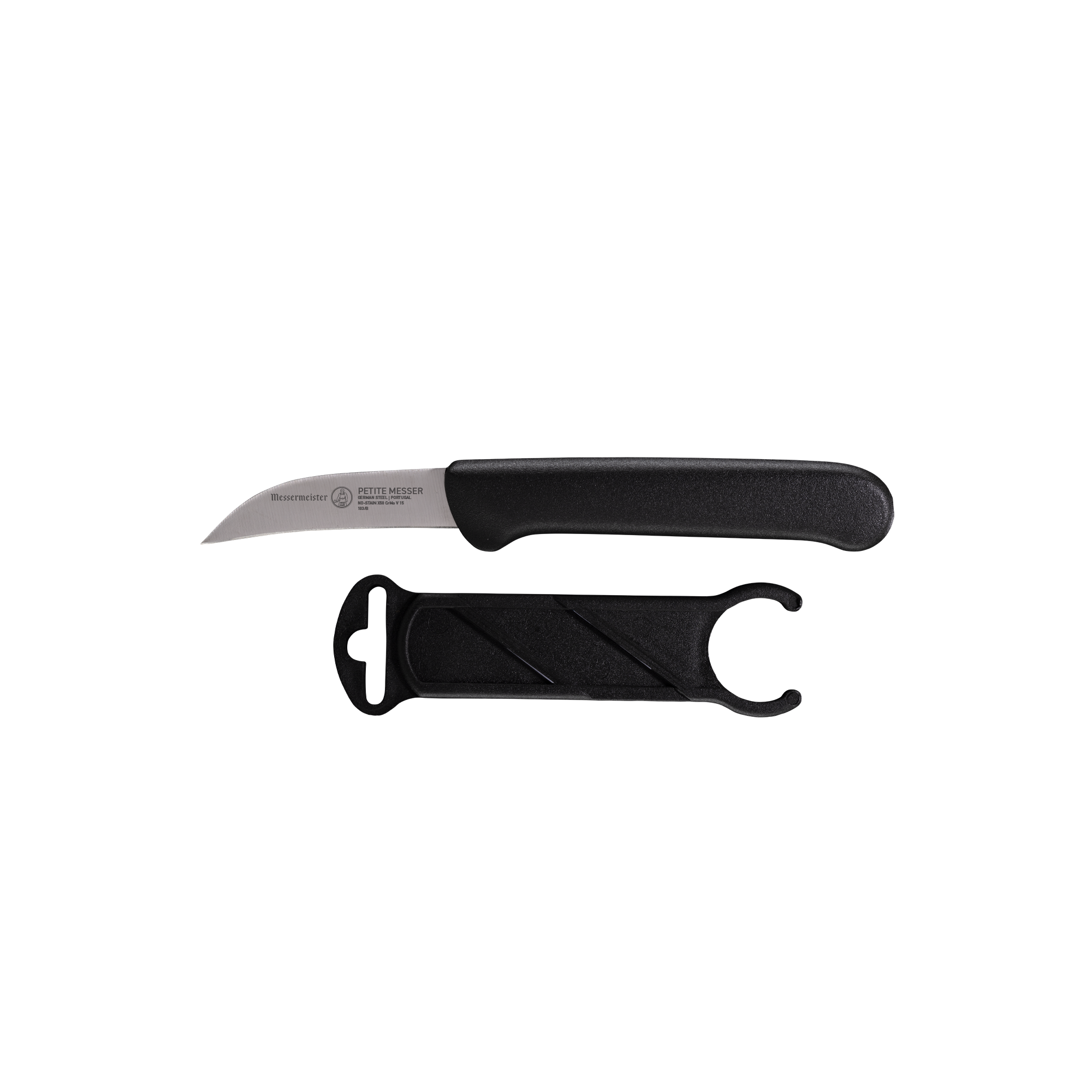 Side profile of Messermeister Petite Messer black 2.5 inch bird’s beak parer showing curved blade with sheath