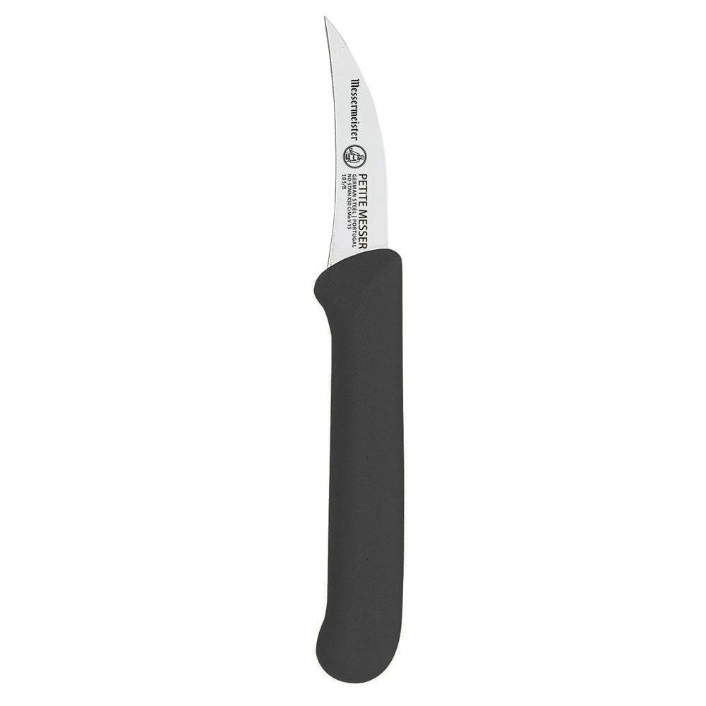 Close up view of Messermeister Petite Messer black handled 2.5 inch bird’s beak paring knife emphasizing compact curved blade