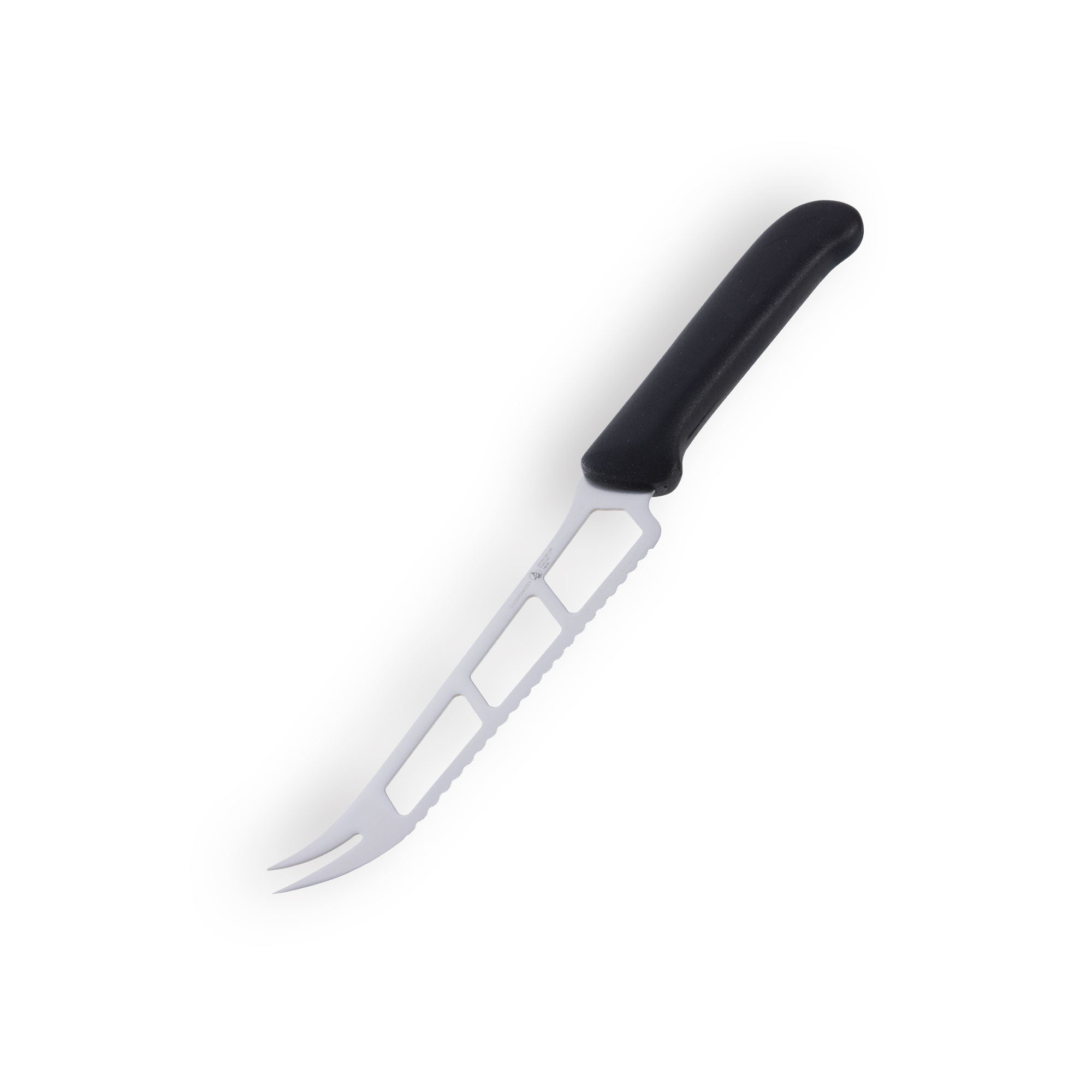 Angled down view of Messermeister Petite Messer black handled 6 inch cheese and tomato knife emphasizing blade and edge detail