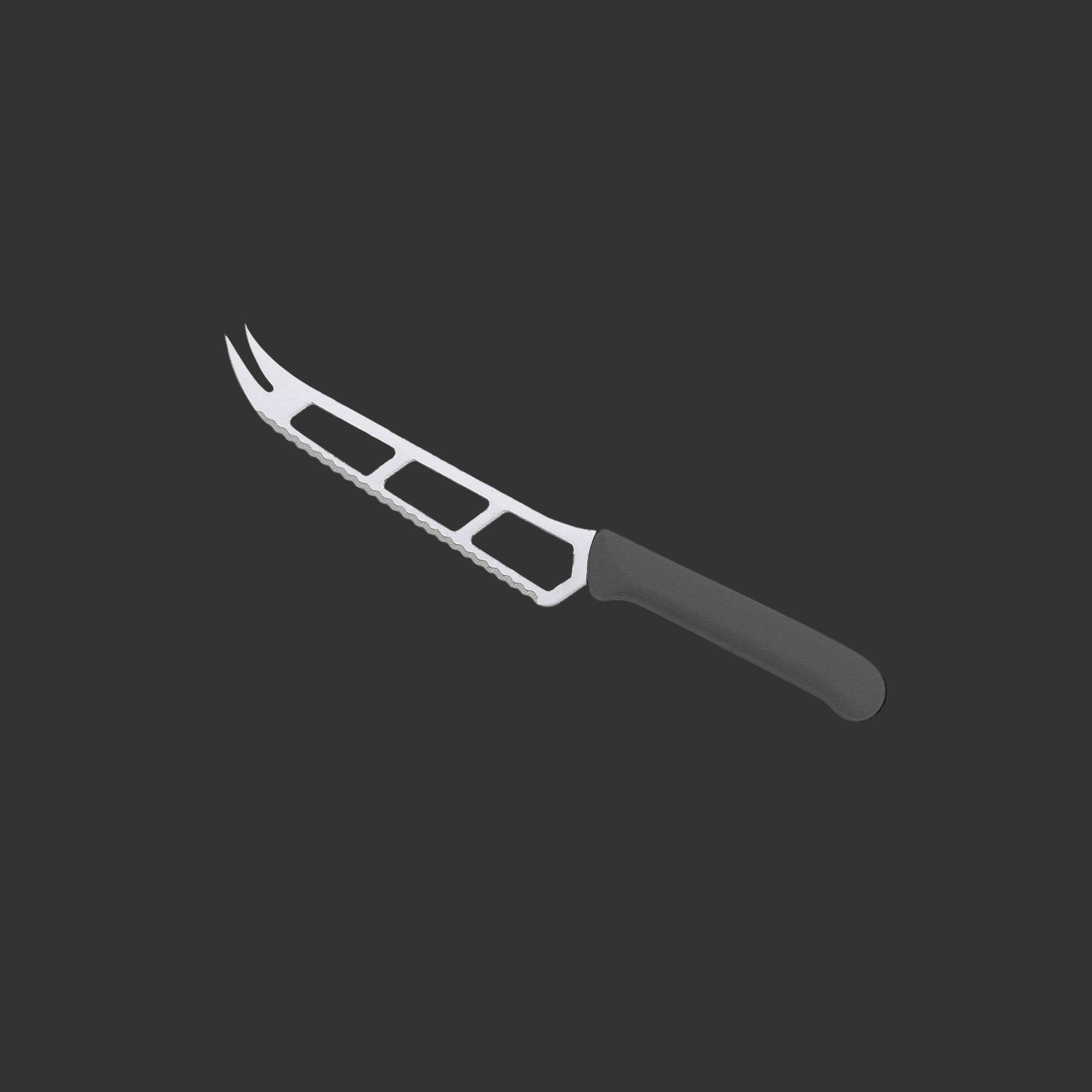 Messermeister Petite Messer 6 inch black cheese and tomato knife angled up view highlighting serrated slicing blade