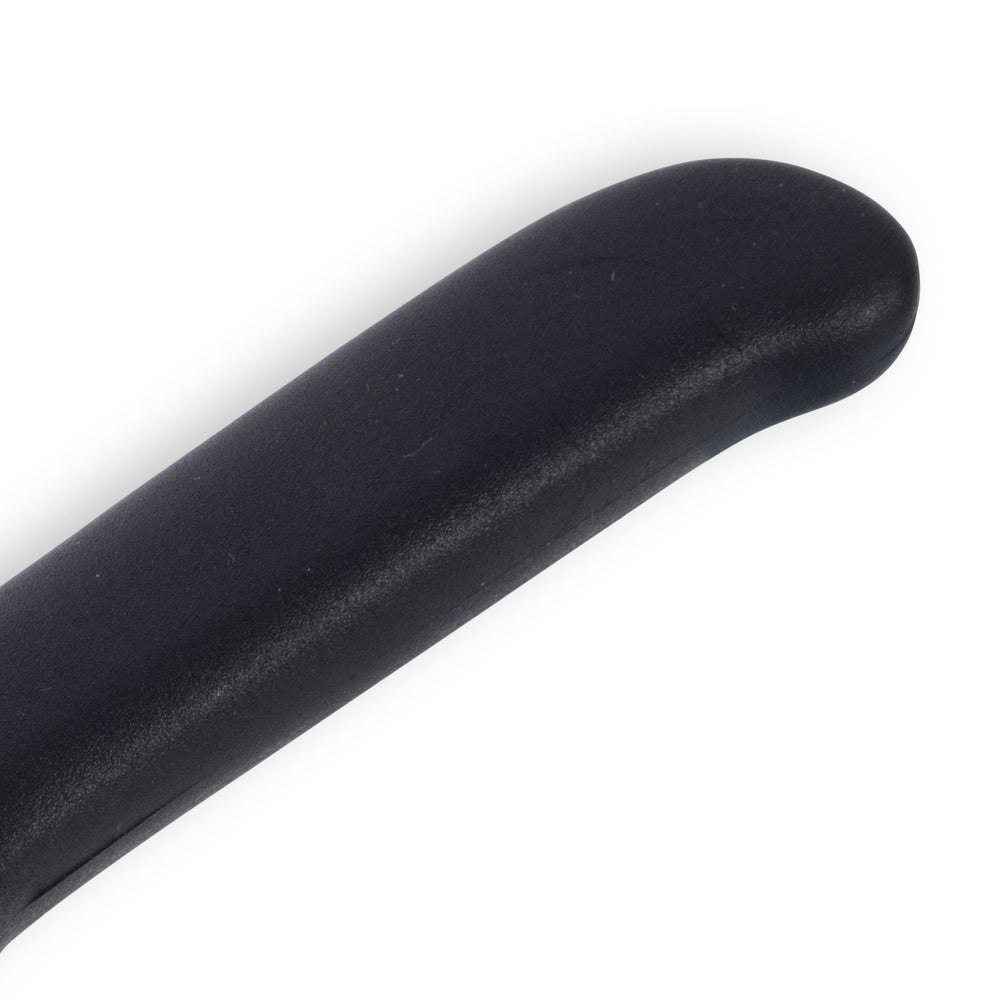 Handle detail of Messermeister Petite Messer 6 inch black cheese and tomato knife showing ergonomic grip