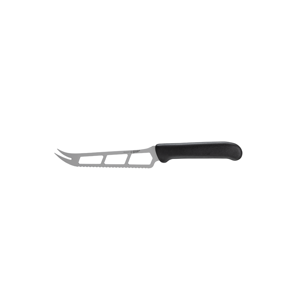 Side profile of Messermeister Petite Messer black 6 inch cheese and tomato knife showing serrated edge