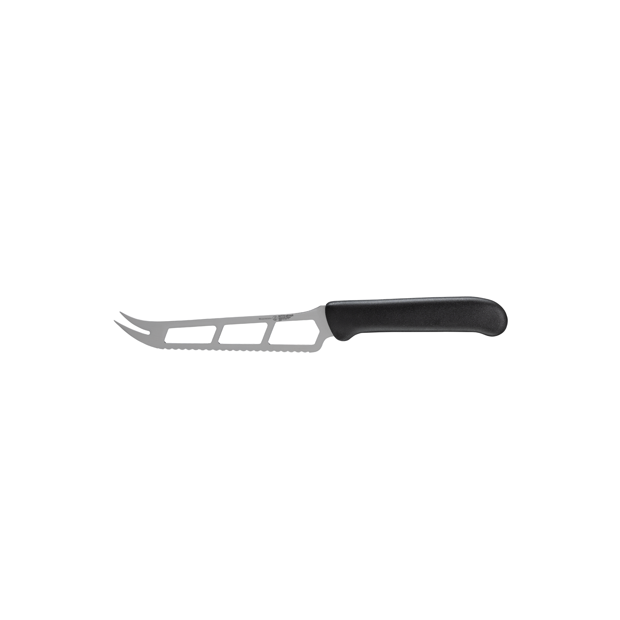 Side profile of Messermeister Petite Messer black 6 inch cheese and tomato knife showing serrated edge