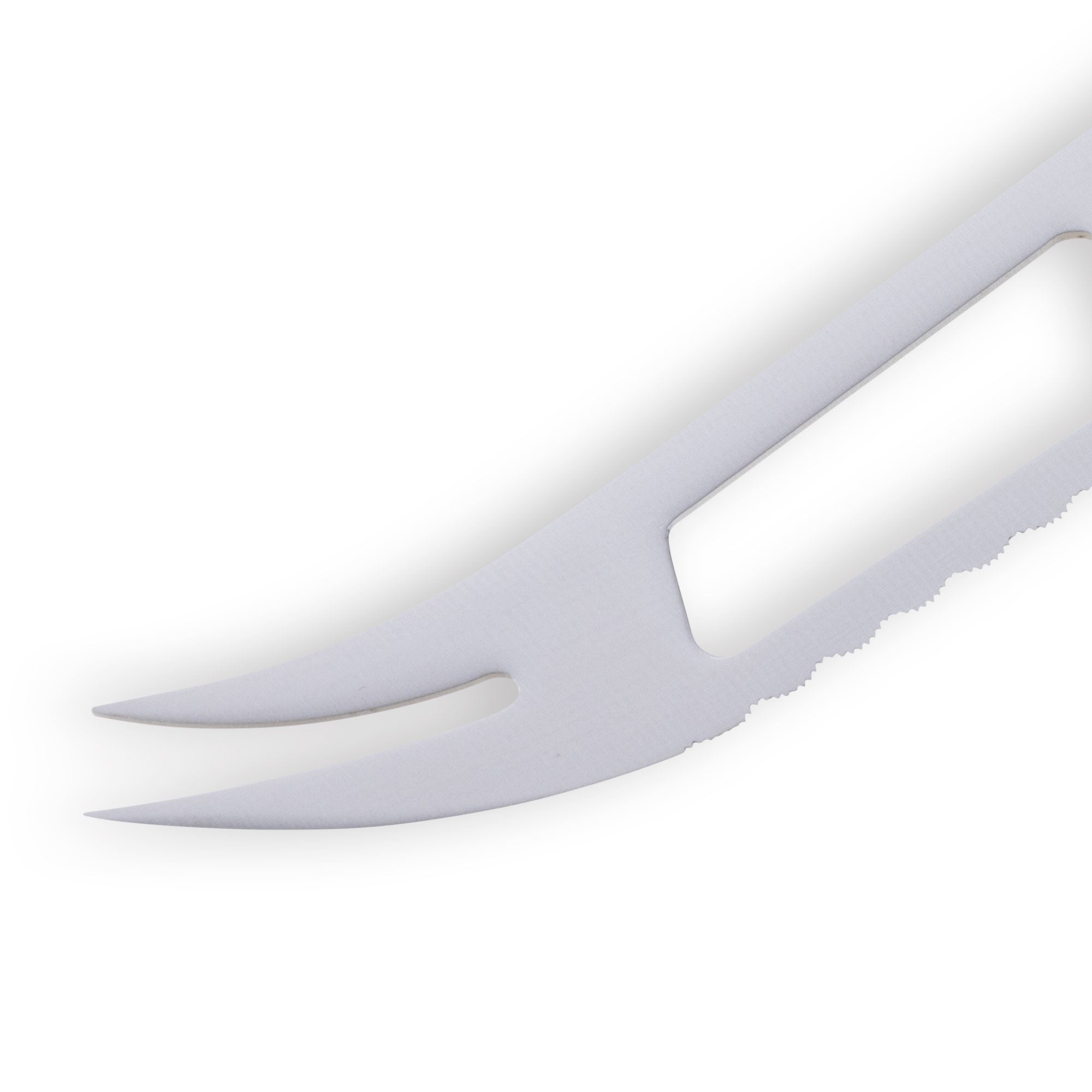 Close up of Messermeister Petite Messer black handled 6 inch cheese and tomato knife tip emphasizing fine serrations and spears 
