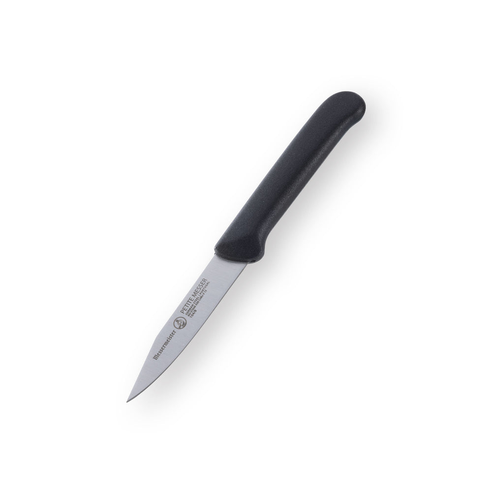 Messermeister Petite Messer 3 inch black clip point paring knife angled down view highlighting precision blade