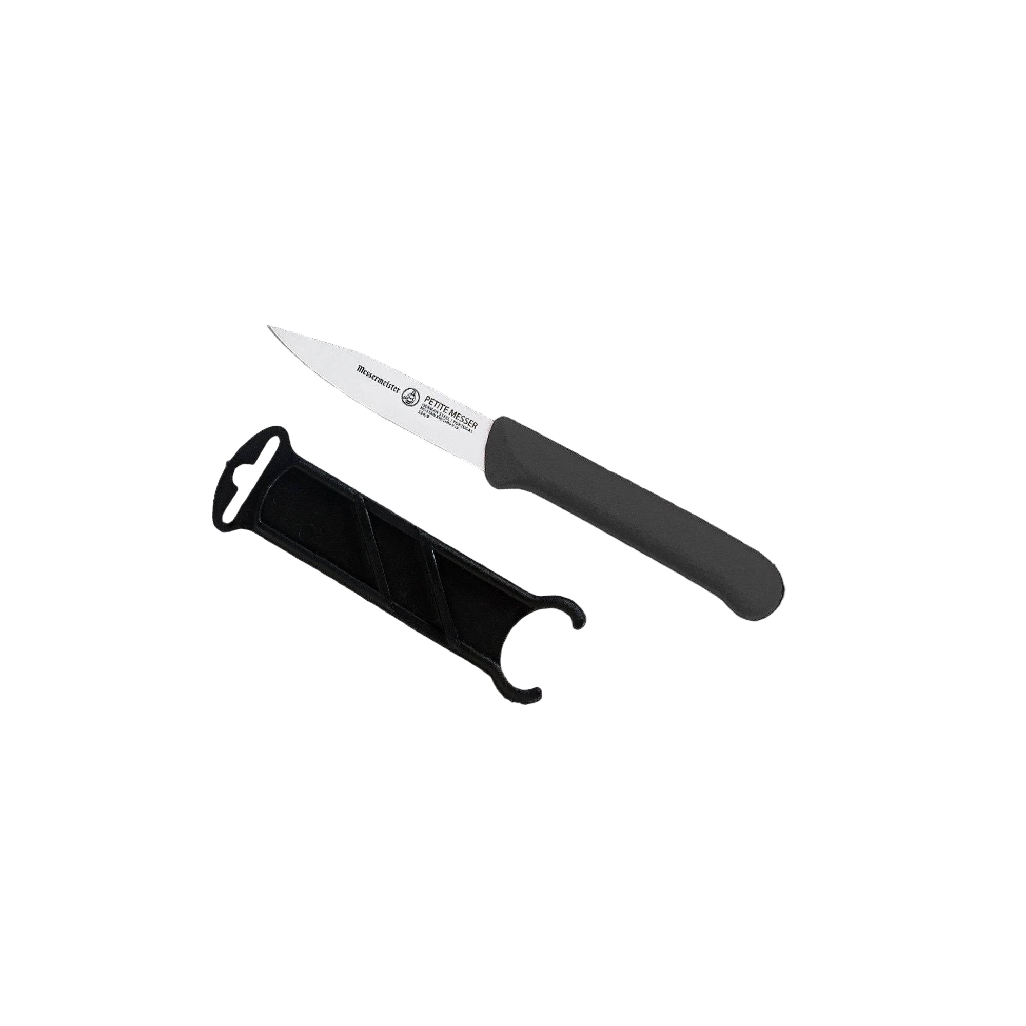Angled view of Messermeister Petite Messer black 3 inch clip point parer showing blade shape and protective sheath