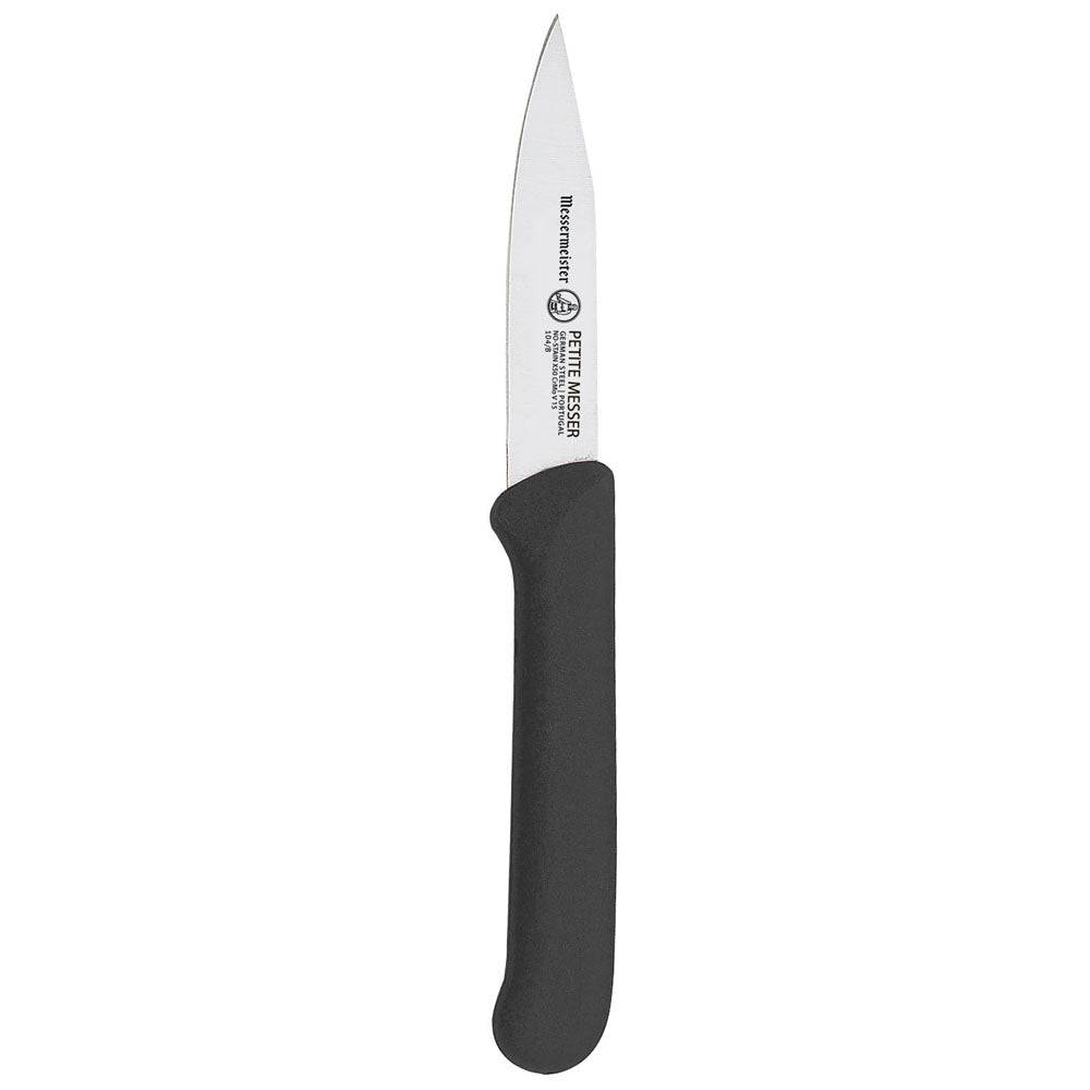 Messermeister Petite Messer 3 inch black clip point paring knife upright close view highlighting precision blade