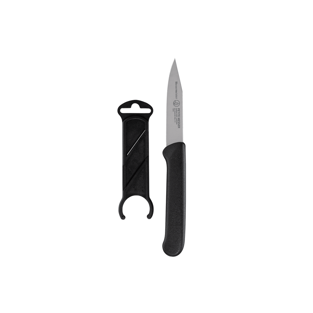 Messermeister Petite Messer black 3 inch clip point parer with straight blade and protective sheath