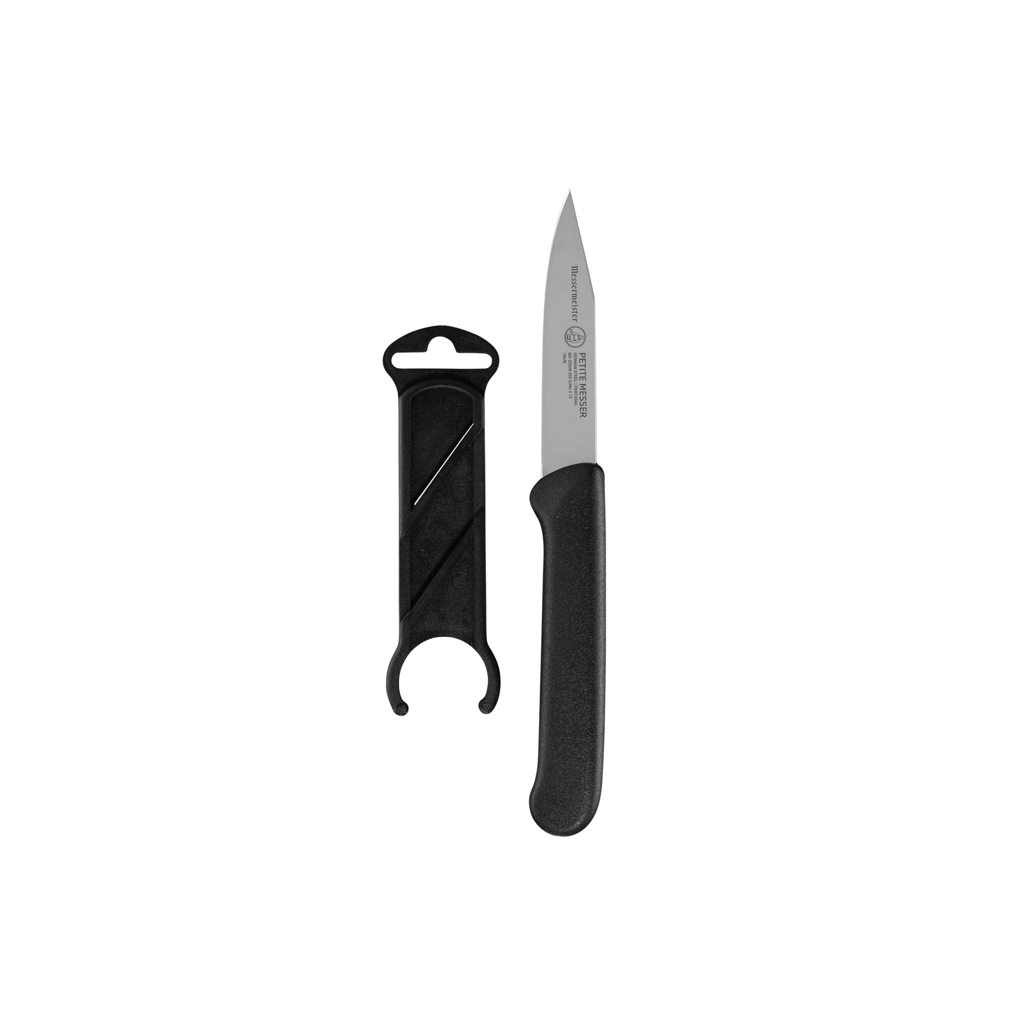 Messermeister Petite Messer black 3 inch clip point parer with straight blade and protective sheath
