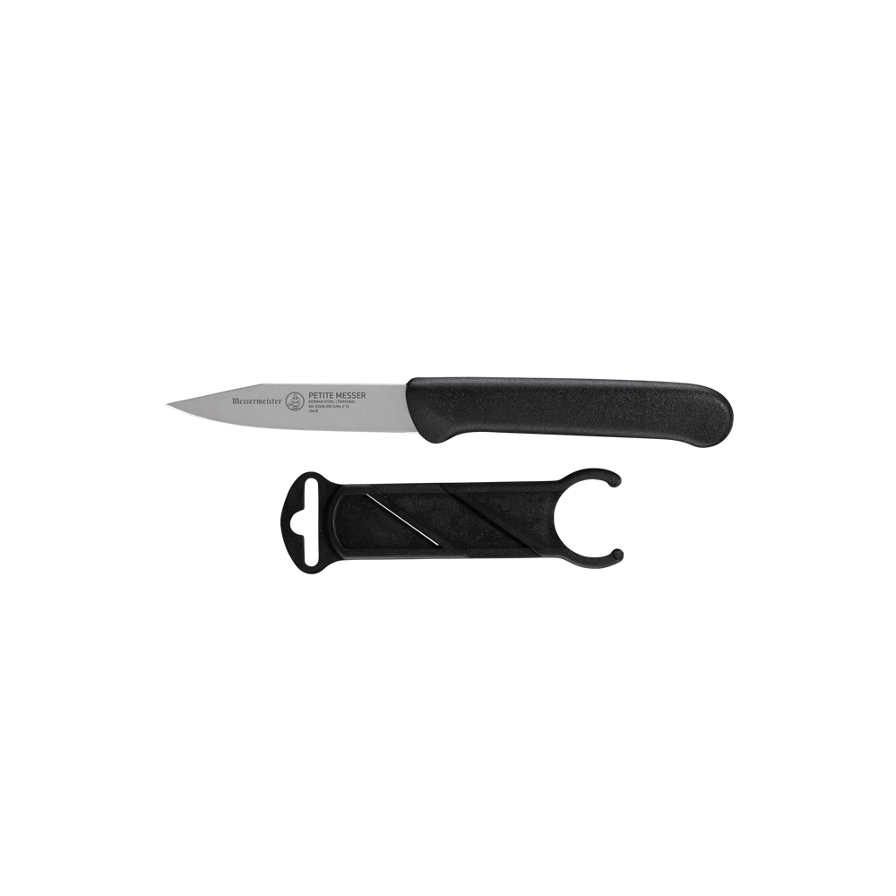 Side view of Messermeister Petite Messer 3 inch black clip point paring knife with sheath