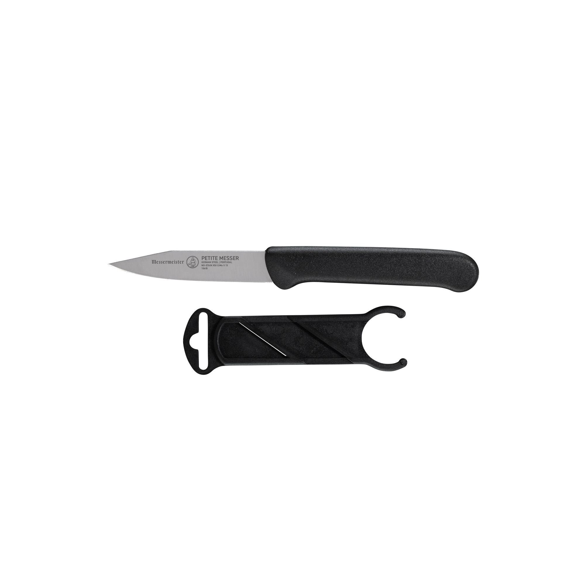 Side view of Messermeister Petite Messer 3 inch black clip point paring knife with sheath