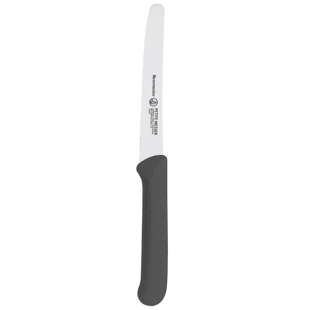 4.5-inch black serrated tomato knife angled to highlight serrated stainless steel blade and ergonomic handle without sheath for clean slicing